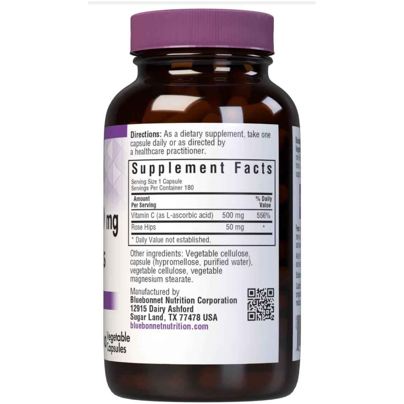 Bluebonnets Vitamin C-500 mg Plus Rose Hips 180 Vegetable Capsules