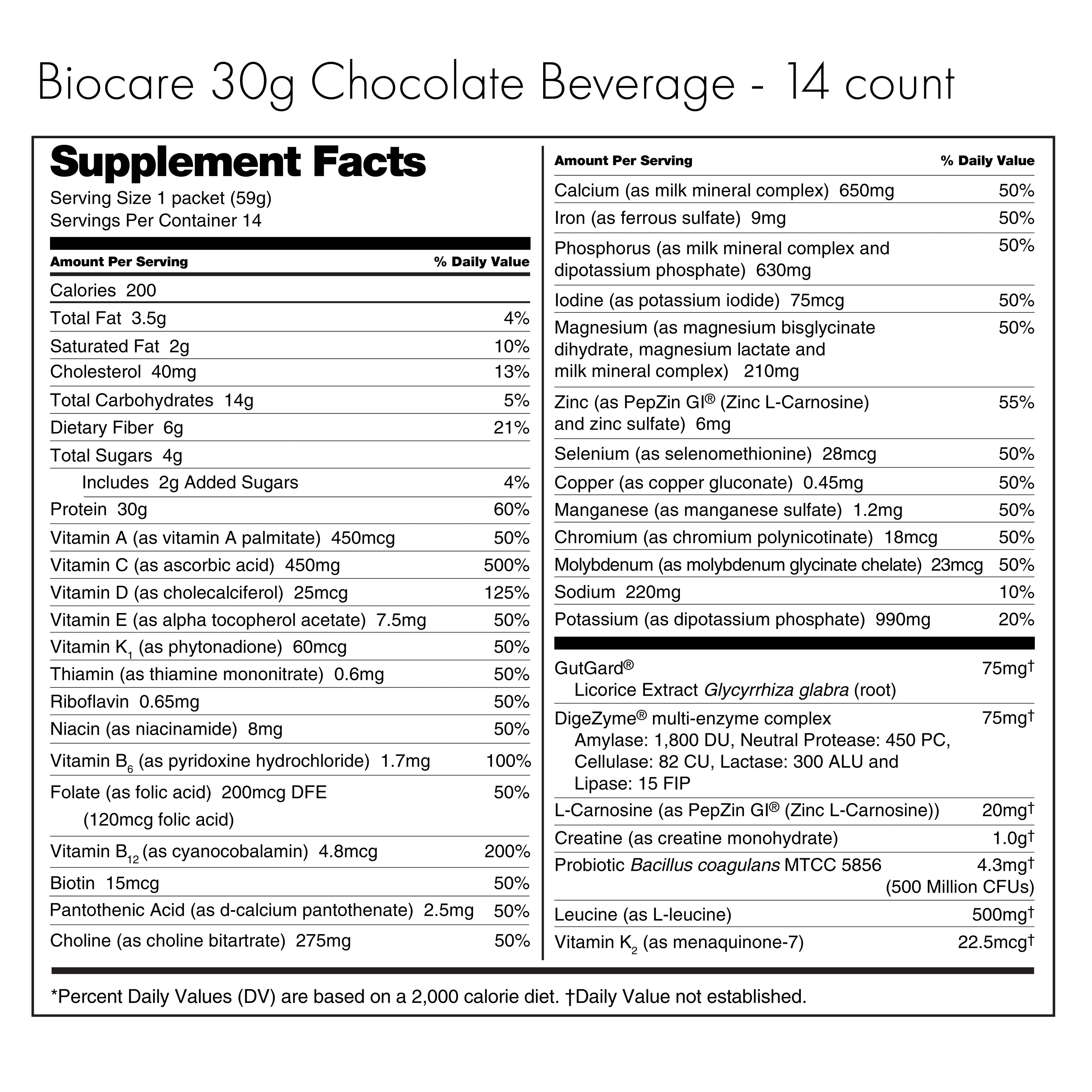 30G Protein Chocolate Biocare Dietary Beverage (14-Servings)