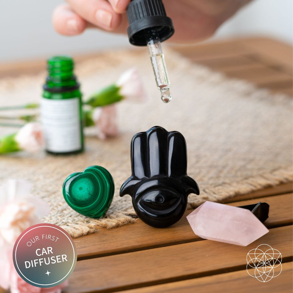 Hamsa Hand of Safe Travels: Aromatherapy Crystal Car Kit - Pileggi on the Square Salon Powered by Gatto Salon Group