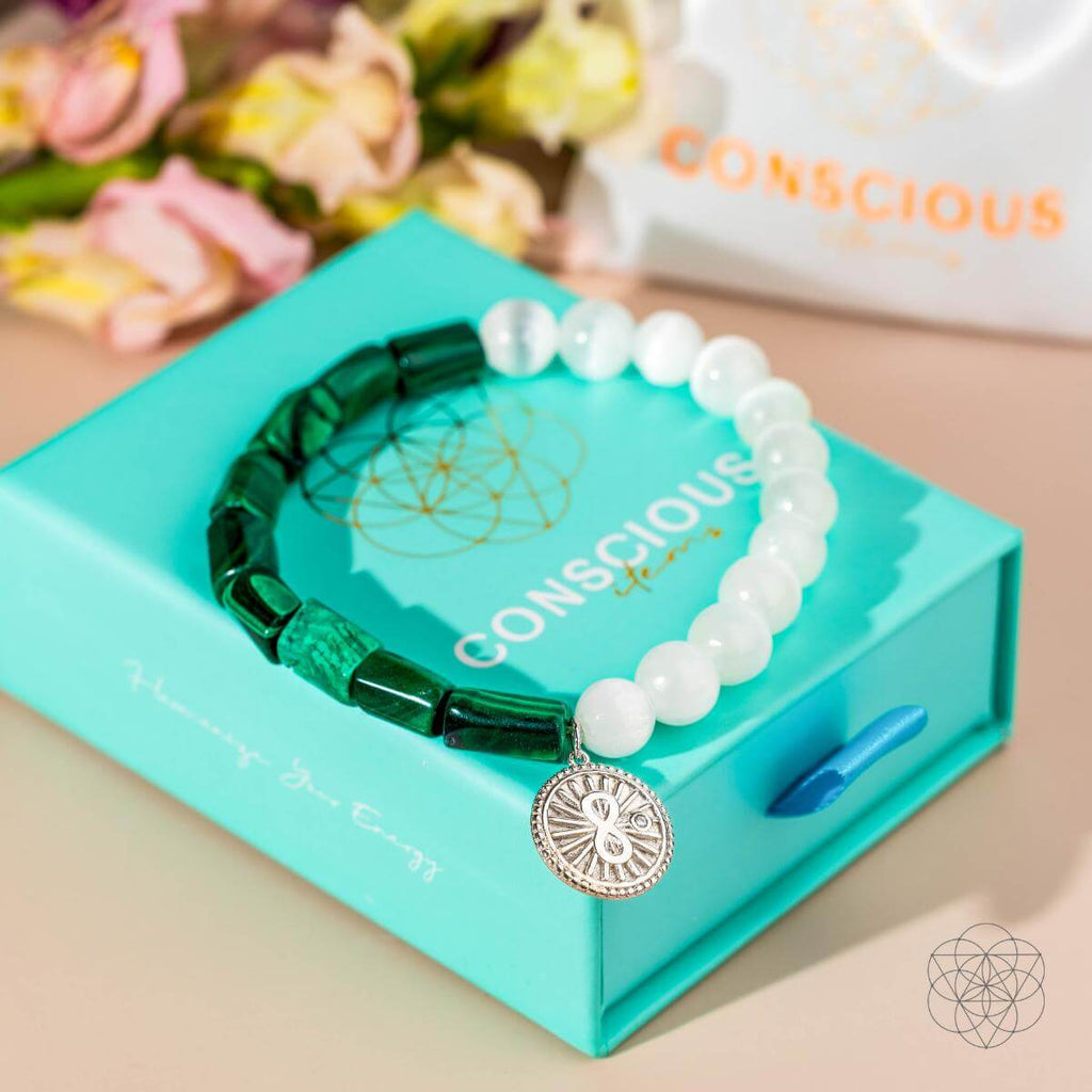 Infinite Triumph - Malachite & Selenite Success Bracelet - Pileggi on the Square Salon Powered by Gatto Salon Group