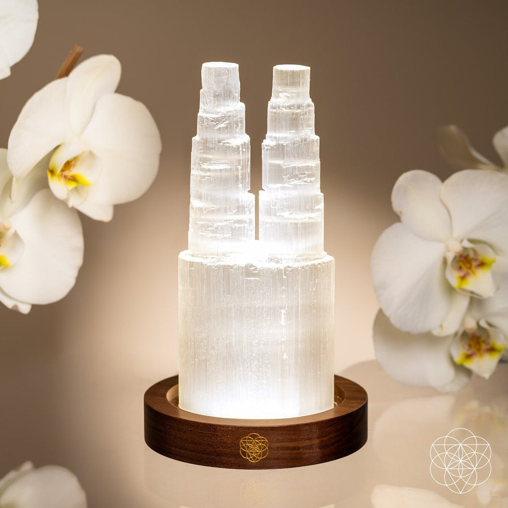 Two - Tower Selenite Lamp – Deep Energy Cleanse & Reset - Pileggi on the Square Salon Powered by Gatto Salon Group