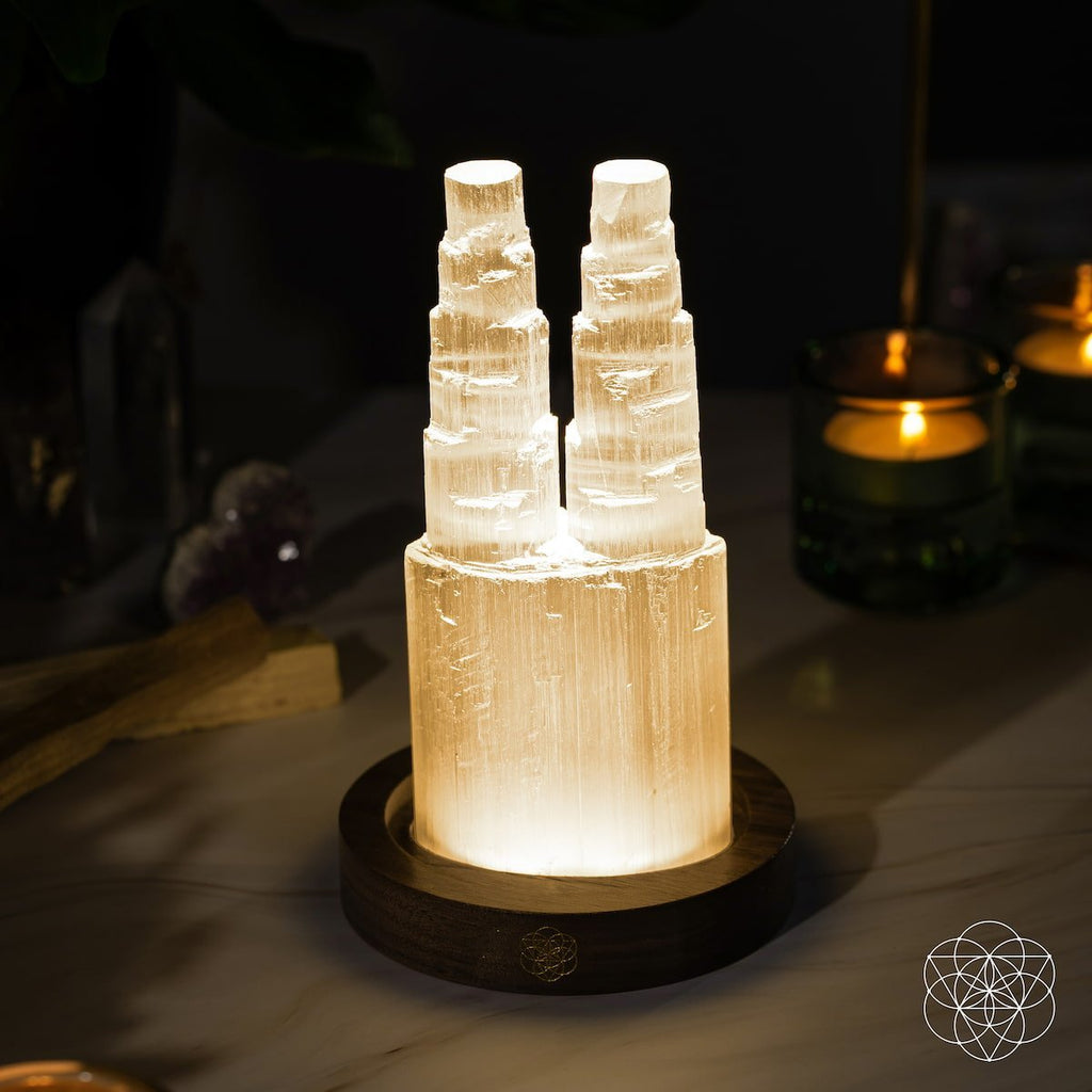 Two - Tower Selenite Lamp – Deep Energy Cleanse & Reset - Pileggi on the Square Salon Powered by Gatto Salon Group